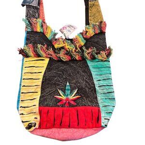 India Boutique 100% Cotton Hobo Nepal Bag Embroidered Rasta 420 Leaf Design NWT